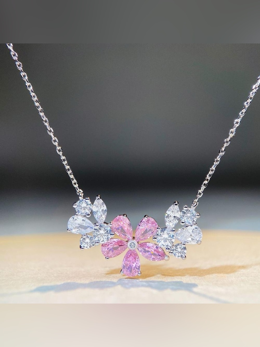 925 Sterling Silver Zircon Flower Necklace